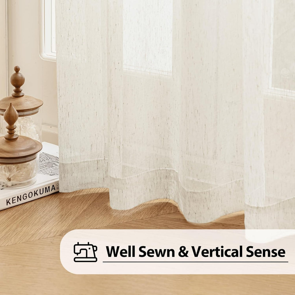 Linen Sheer Pinch Pleated Curtains, Linen Flax Beige 108 Inches Long Sheer Curtain See Through Panels, Natural Window