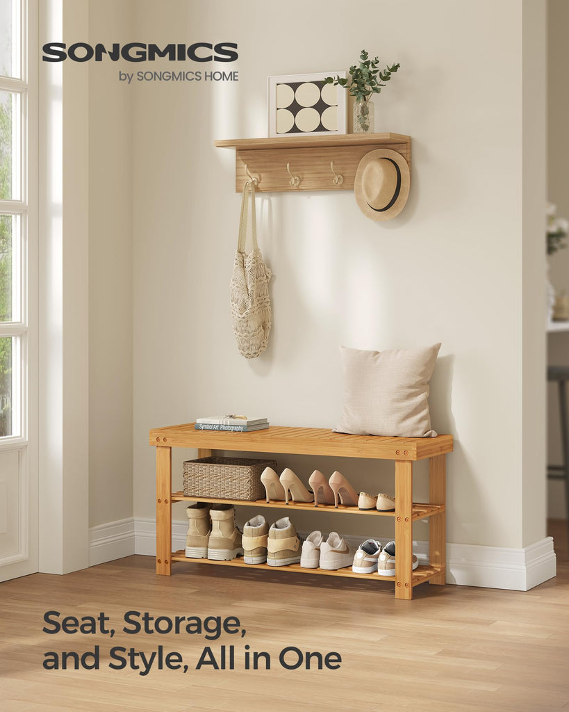 Shoe Rack Bench, 3-Tier Bamboo Entryway Bench, 35.2 Inches Width