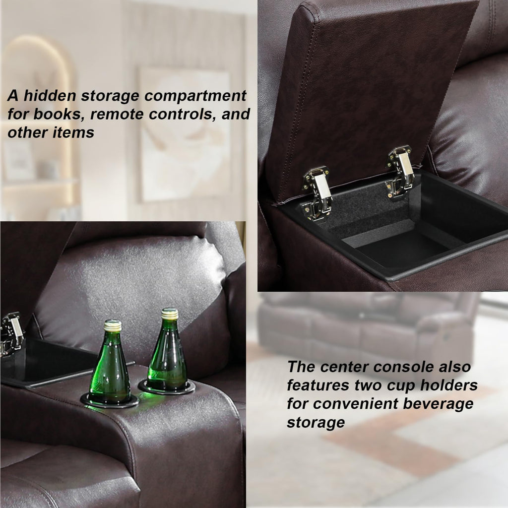 3 Piece Reclining Sectional Couch - Manual Brown Leather Sectional Couch with Recliner, Storage Console, Cup Holders
