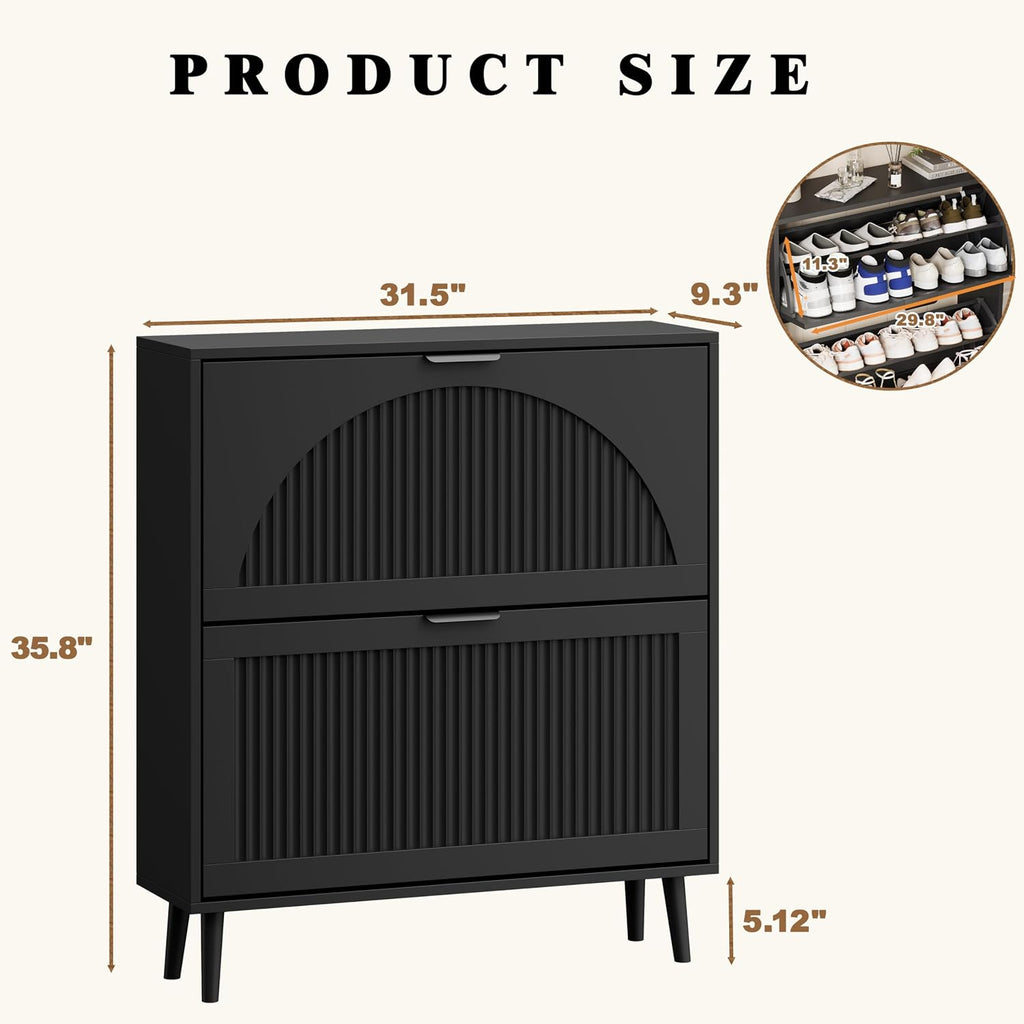Shoe Storage Cabinet with 2 Flip Drawers, Narrow Wood Shoe Organizer Cabinet with Fluted Panel, Slim Shoe Rack