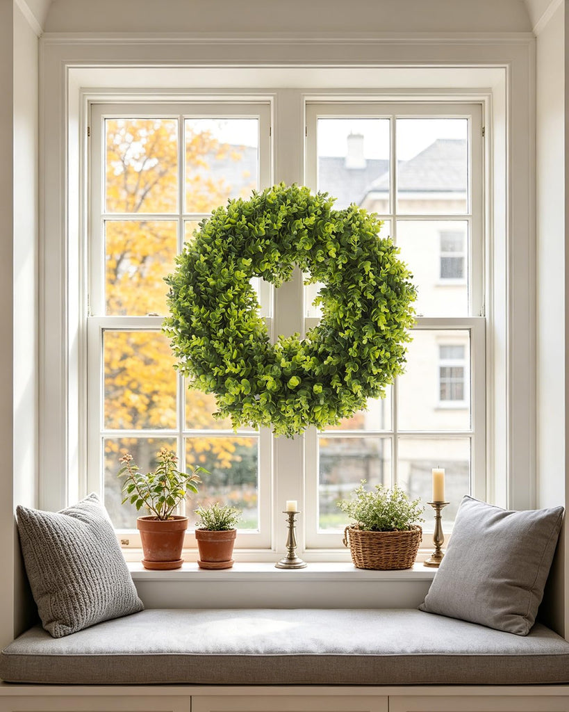 24in Boxwood Wreath for Front Door,Green Wreaths,Greenery Summer Wreath for All Season,Farmhouse, Outdoor, Porch