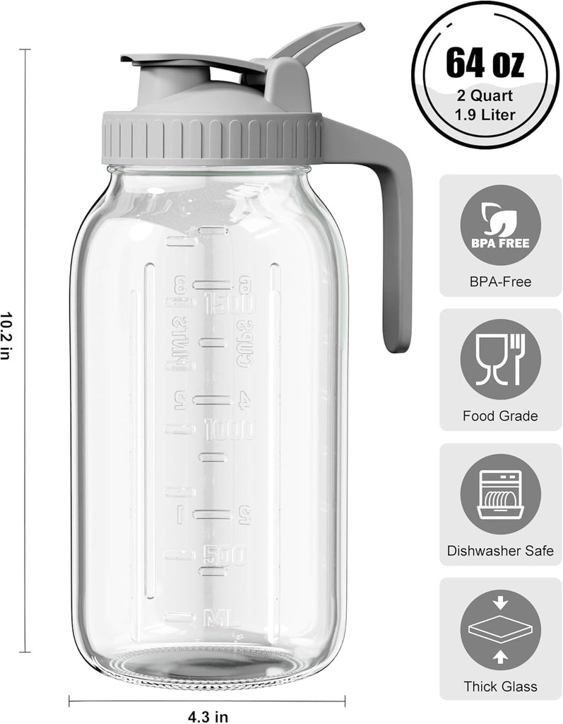 Glass Pitcher with Lid - 64oz Glass Mason Jar Pitcher with Wide Mouth, Airtight Seal, Leak-Proof, Spout Design
