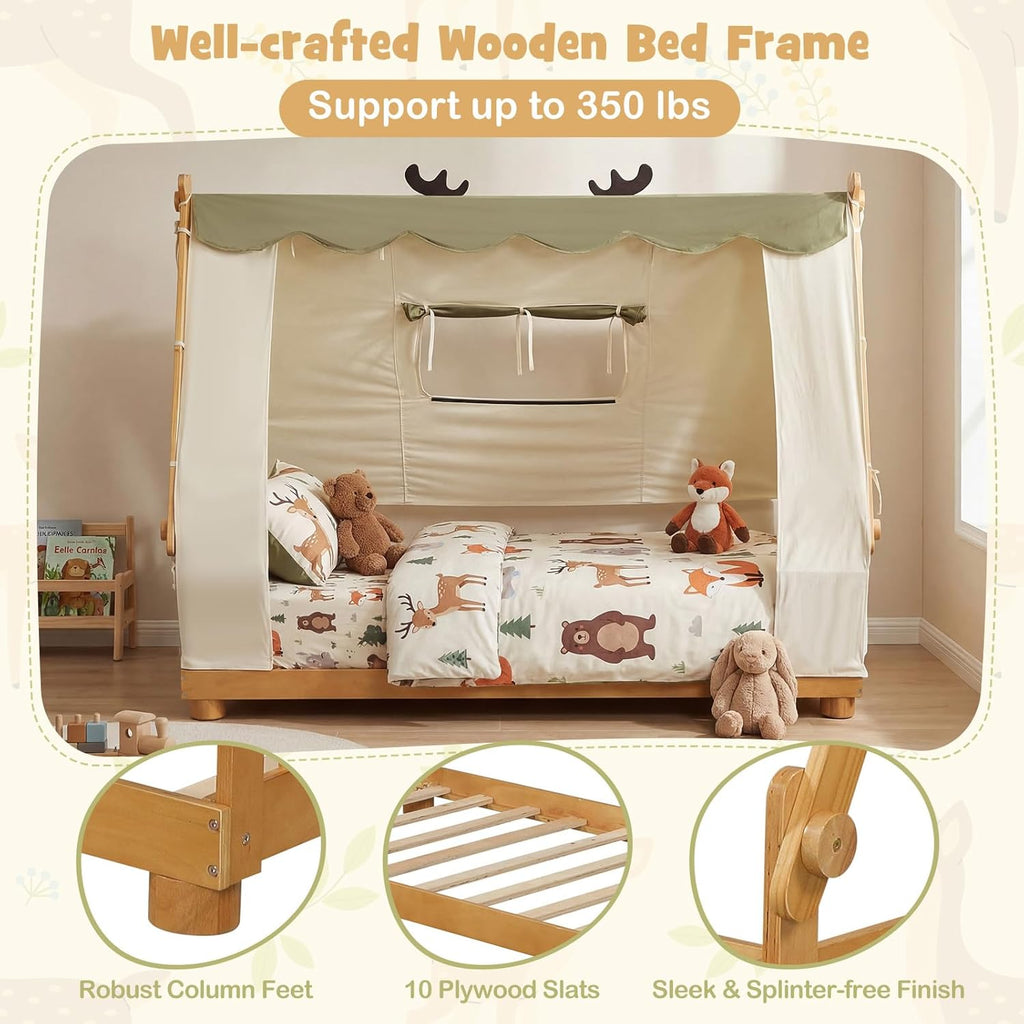 Twin Bed Frames for Kids, Wooden House Antlers-Shaped Floor Bed | Montessori Kids Bed w/Tent, Window, Fence Guard