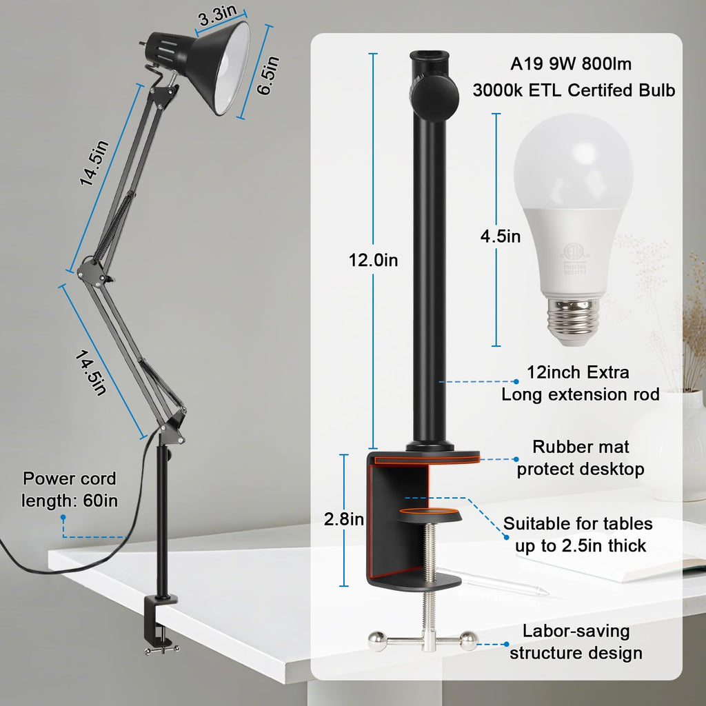 LED Clamp on Desk Lamp, 360°Adjustable Swing Arm Desk Lamp