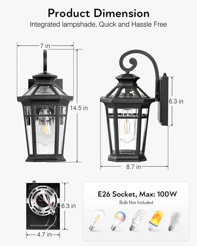 Outdoor Light Fixtures Wall Mount, 2-Pack Outdoor Wall Sconce Dusk to Dawn, Exterior Lantern with E26 Base, Matte