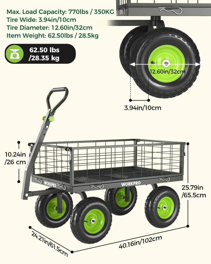 Large Heavy Duty Garden Cart 770 lb, 2-in-1 Convertible Utility Wagon with Removable Sides, 180° Tow Handle for ATV