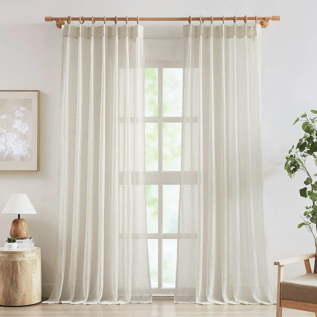 Linen Sheer Pinch Pleated Curtains, Linen Flax Beige 108 Inches Long Sheer Curtain See Through Panels, Natural Window