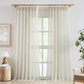 Linen Sheer Pinch Pleated Curtains, Linen Flax Beige 96 Inches Long Sheer Curtain Panels, Natural Back Tab Window