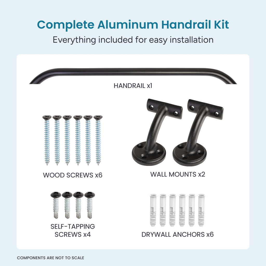 Complete Aluminum Handrail KIT for Indoor/Outdoor-Stylish Round Shape with Curved Ends. Includes Wall Mounts