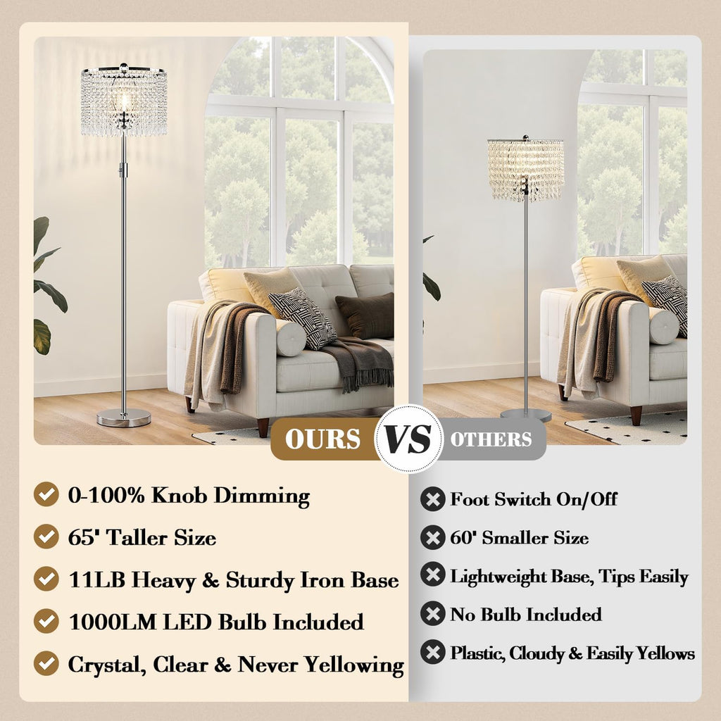 Upgraded: Dimmable Crystal Floor Lamps, 1000LM LED Bulb Included, Standing Lamp with Knob Switch, Tall Silver Modern