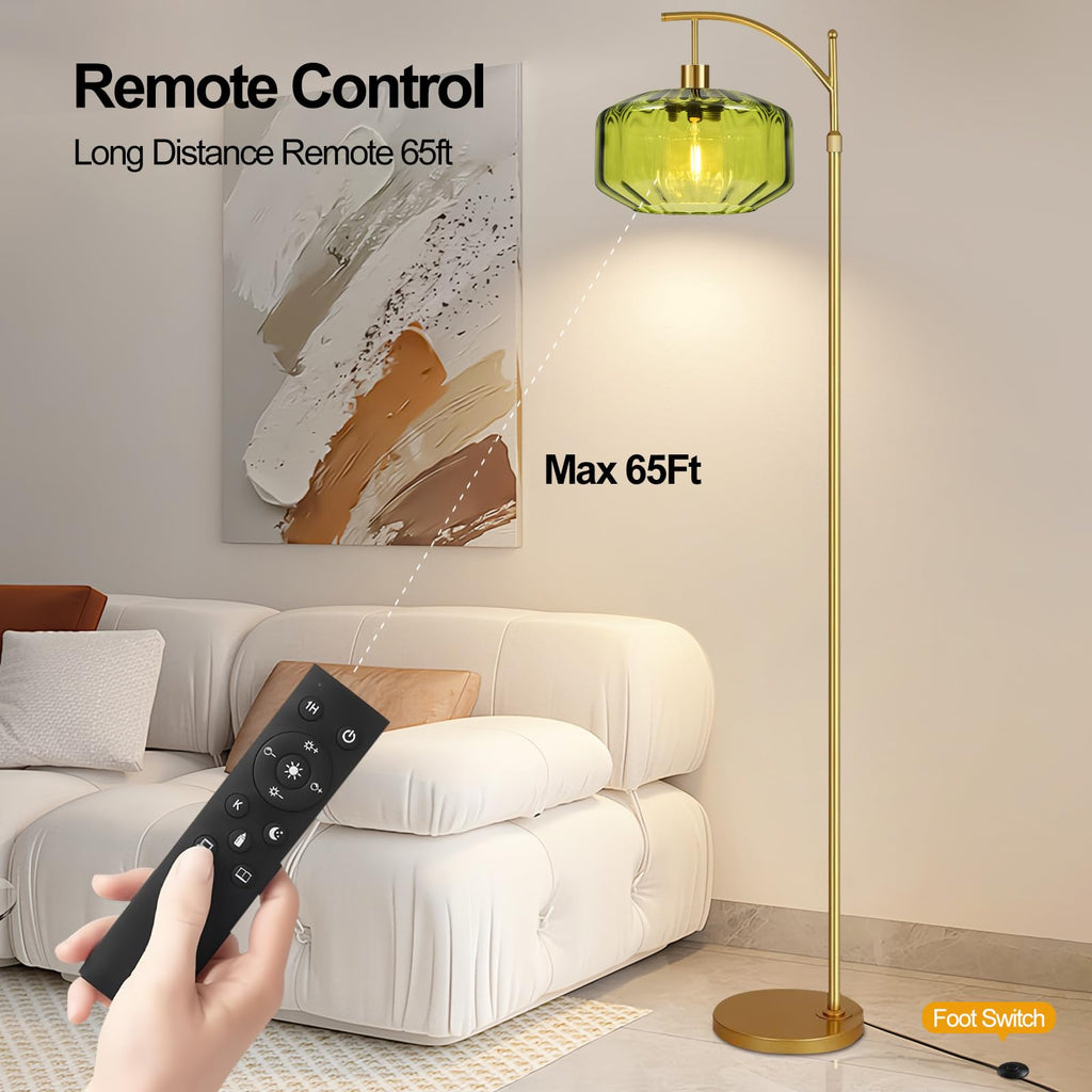 Gold Floor Lamps Vintage Floor Lamp with Remote Control & Green Glass Lampshape, Dimmable Floor Lamp Mid Century