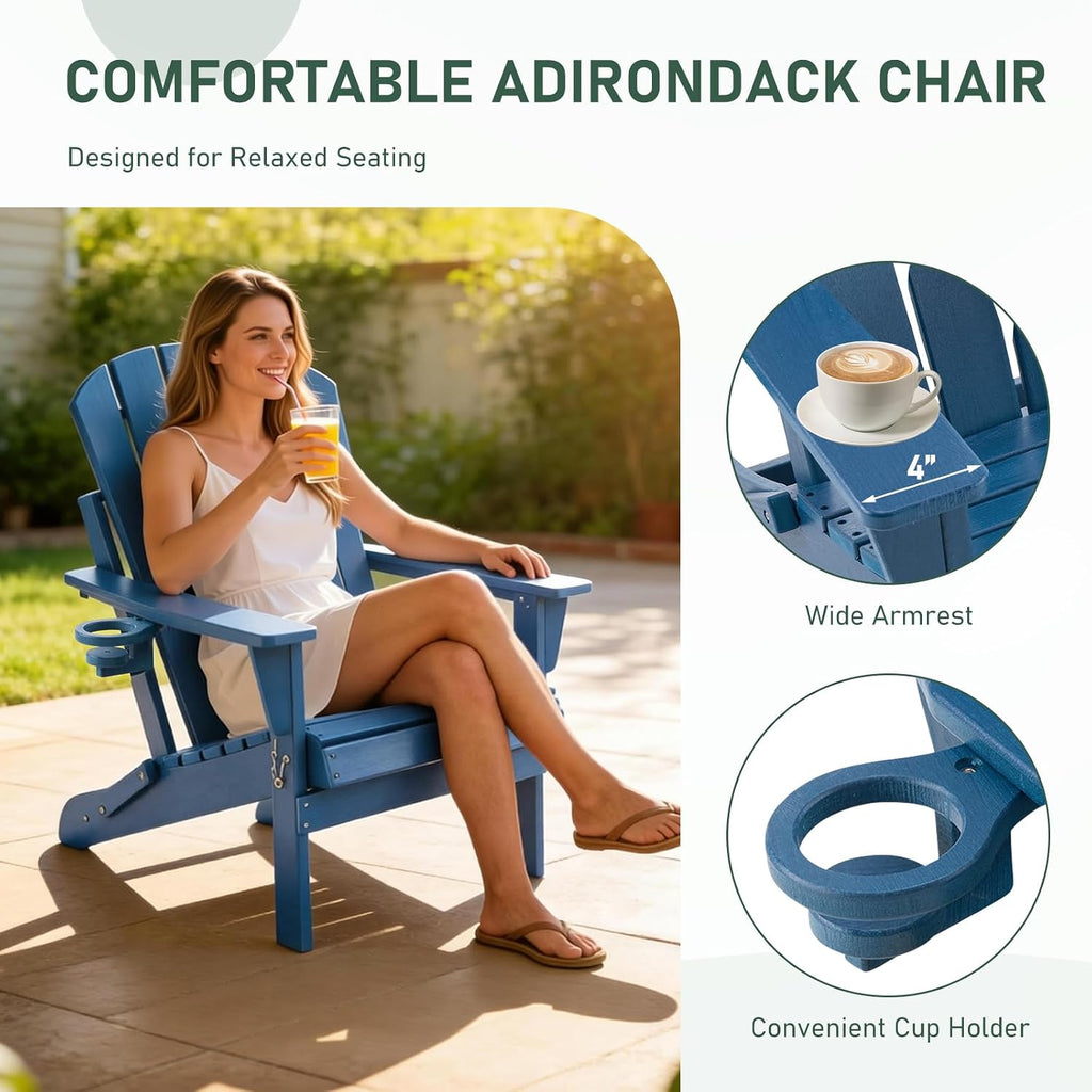Folding Adirondack Chair, Outdoor HDPE Weather-Resistant Patio Chairs with Cup Holders, Plastic Chairs for Outside