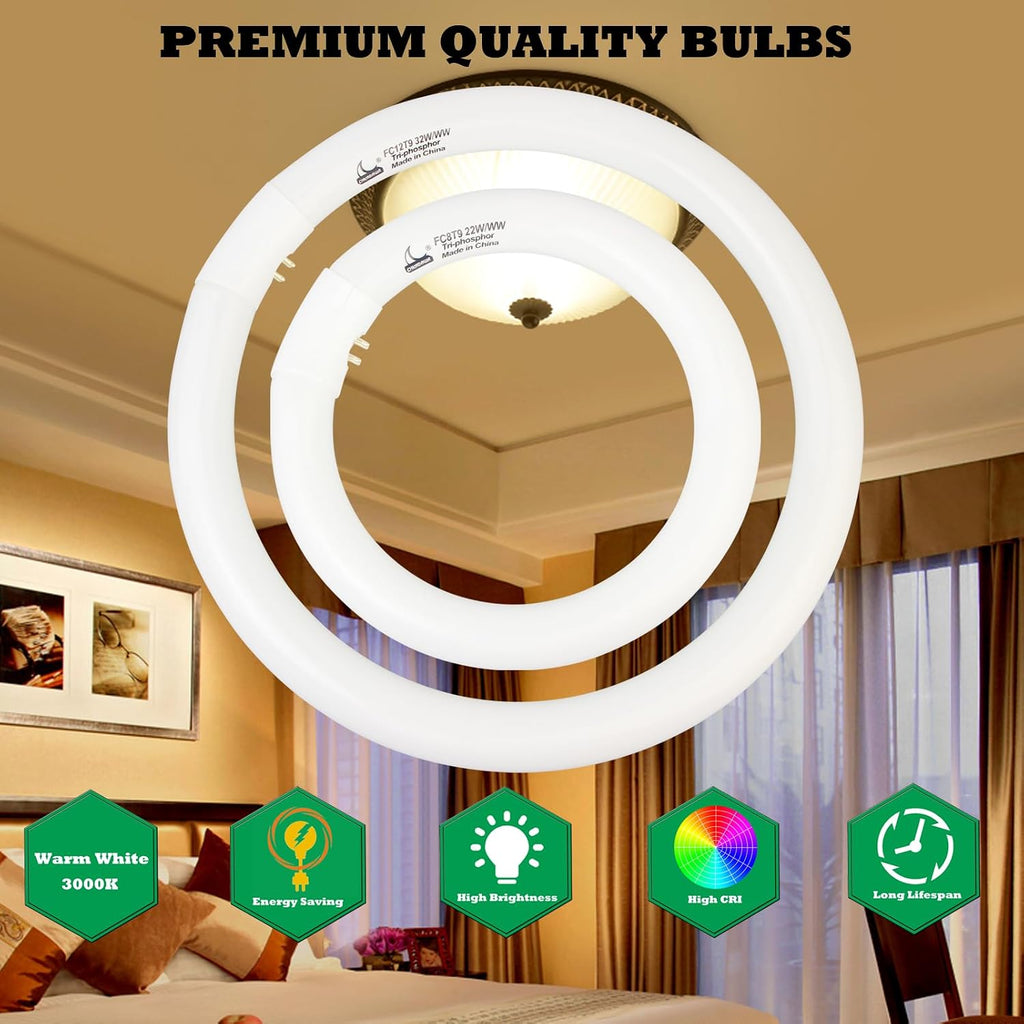 22W and FC12T9/KB 32W Warm White Set, Round Fluorescent 8 inch T9 22 Watts & Circular Light Bulbs 12 inch 32