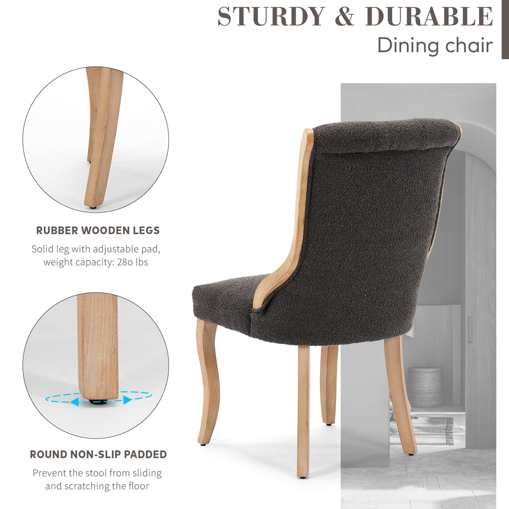 Boucle Fabric Set of 6, Curved Wood Trim and Sculpted Solid Wood Legs (Grey)