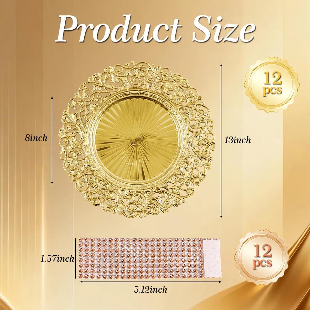 12 Set Gold Charger Plates with 12 Napkin Rings, 13-Inch Stackable Chargers | for Dinner Plates, Perfect for Wedding