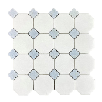 Polished Marble Mosaic Tile 12.75" x 12.75" - White Marble with Blue Clover Inlay, Mesh Mounted Wall & Floor Tile (5