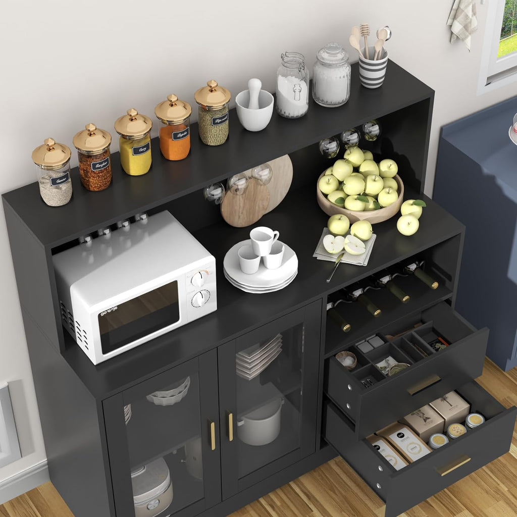 Bar Cabinet with LED Light,Coffee Bar Cabinet w/ Wine & Glass Rack | Wine Cabinets with Drawers & Microwave Stand
