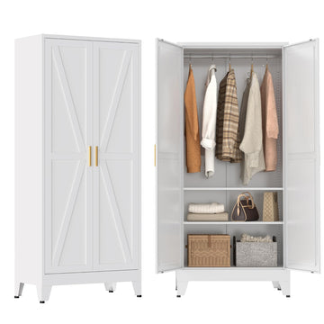 Metal Wardrobe Closet with Doors and Shelves, 71" Farmhouse Bedroom Armoire with Hanger Rod and Clothing Shelf, White