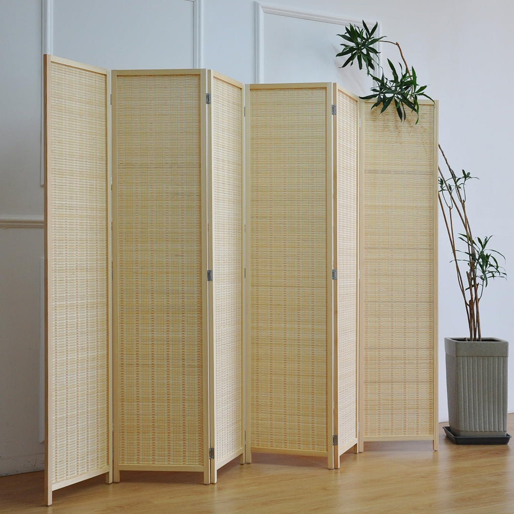 6 Panel Bamboo Room Divider - 5.6 ft Tall Folding Privacy Screen, Natural Beige Freestanding Room Partition Wall (67"