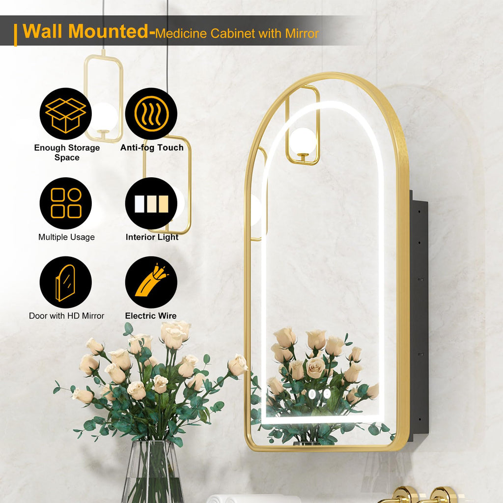 Lighted Arched Medicine Cabinet with LED Mirror, Gold Arched Mirror Cabinet