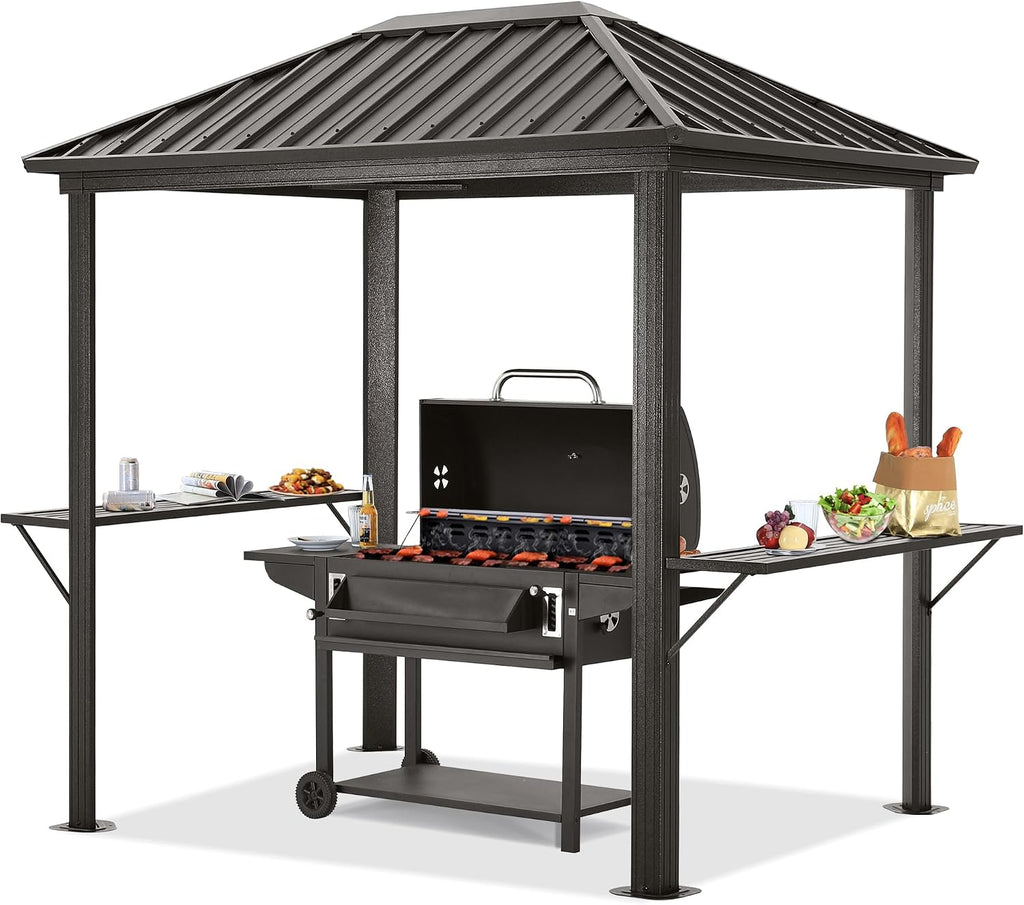 6x8 Grill Hardtop Gazebo - Outdoor Permanent Barbecue Gazebo with Galvanized Steel Roof