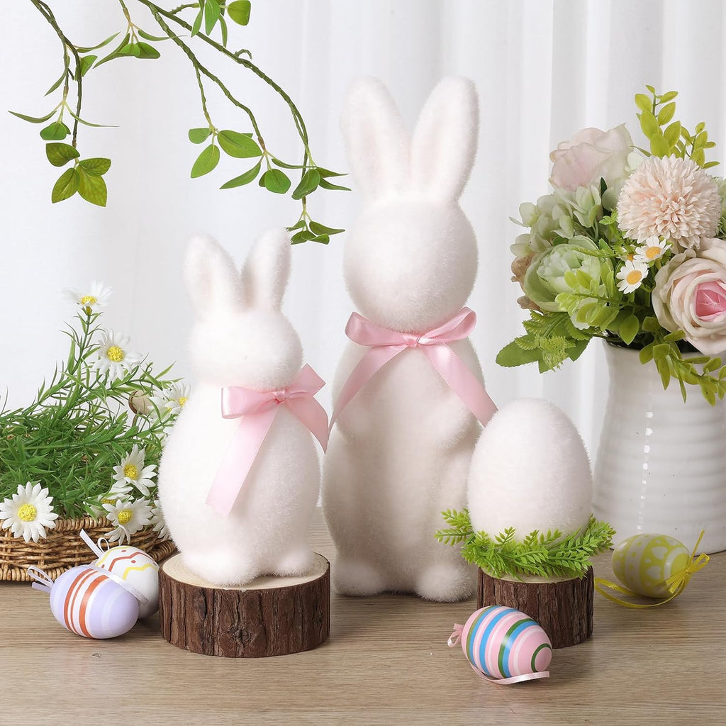 Easter Bunny Decor Set, 3 Pack Pastel Flocked Bow-Tied Bunny Set (13", 8", 4") Bunny Figurines for Spring Home Decor - Set of 3