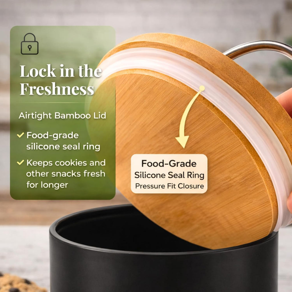 Cookie Jar with Airtight Bamboo Lid - 0.6 Gallon Cute and Decorative Cookie Storage Countertop - Farmhouse Storage