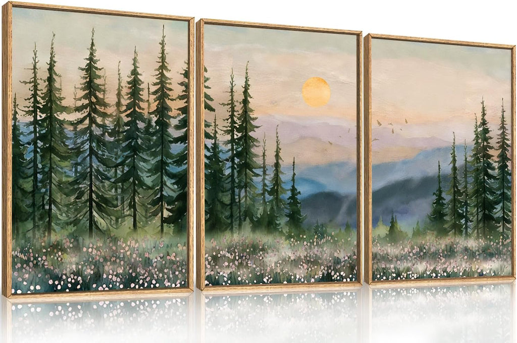 Boho Sunset Forest Framed Canvas Wall Art Set,Natural Green Pine Tree Wall Decor,Modern Watercolor Mountain Landscape