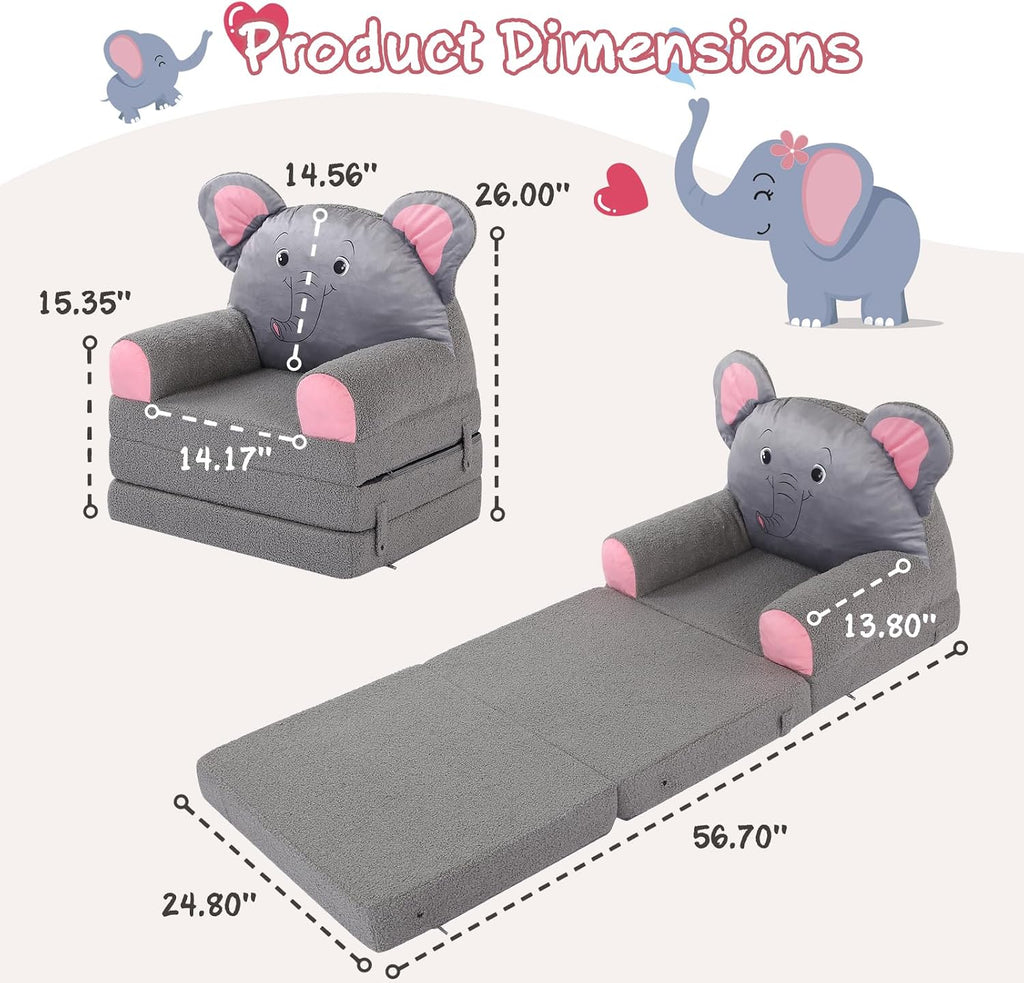 Kids Sofa Chair, in-1 Large Foldable Couch,Sherpa,Elephant Grey