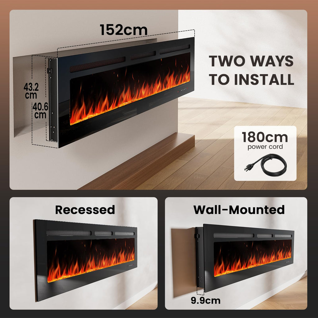 60-Inch Smart Electric Fireplace, 1400W Wall-Mounted or Recessed Fireplace Heater with Ultra-Slim Design, WiFi App