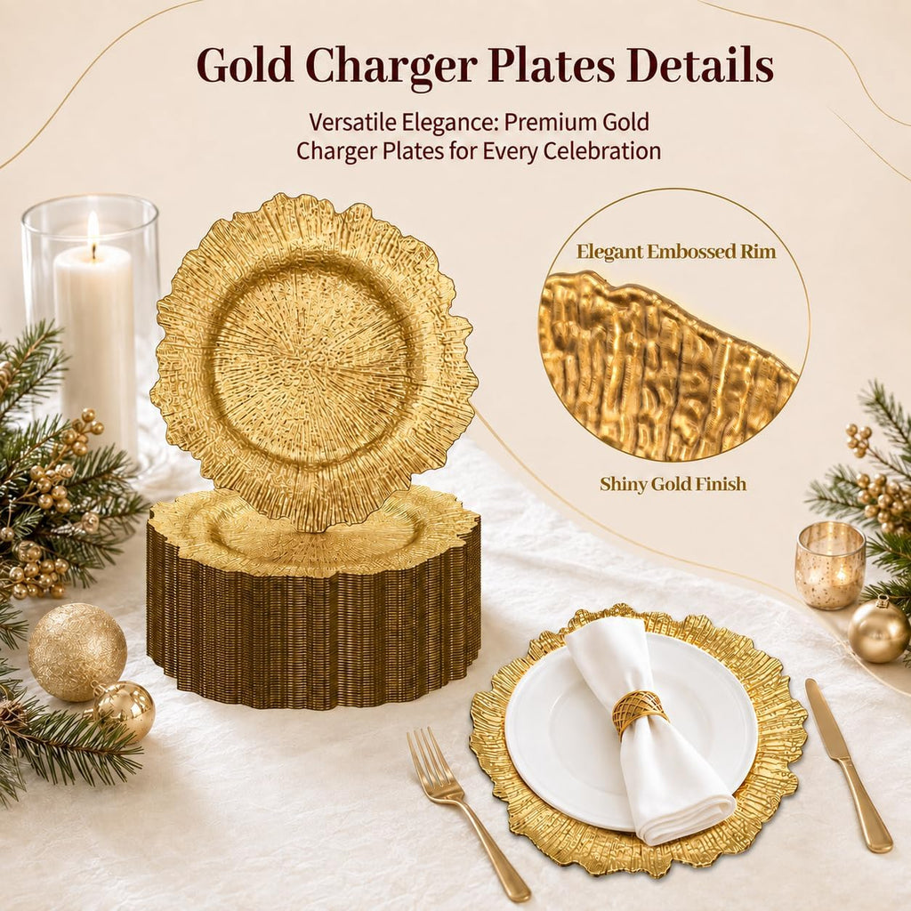 Gold Charger Plates Bulk , 13" Gold Reef Chargers for Dinner - Set of 50