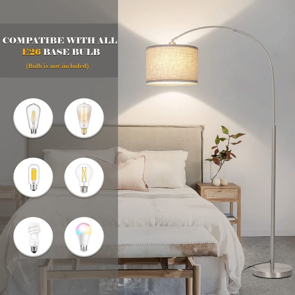 Silver Floor Lamp, Arc Floor Lamp with Adjustable Head and Pedal Switch