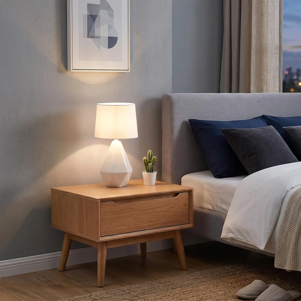15" Modern Small Ceramic Table Lamp, White Irregular Geometric Bedside Table lamp, Nightstand Lamps with White Fabric