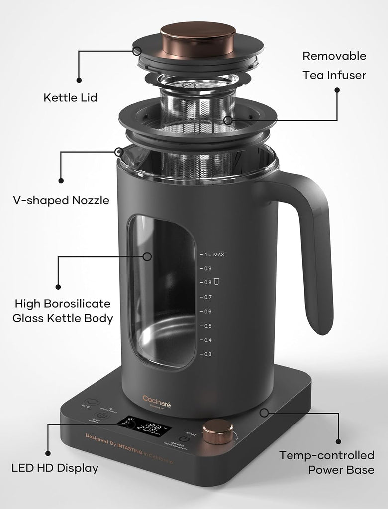 Electric Tea Kettle with Infuser, 1°F Temperature Control, 1 Liter | 1200W Fast Heating, BPA-Free Glass, Easy to