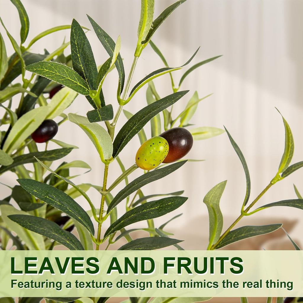 Olive Trees Artificial Indoor, 5FT Tall Faux Olive Tree with White Tall Planter, Artificial Plants with Natural Wood
