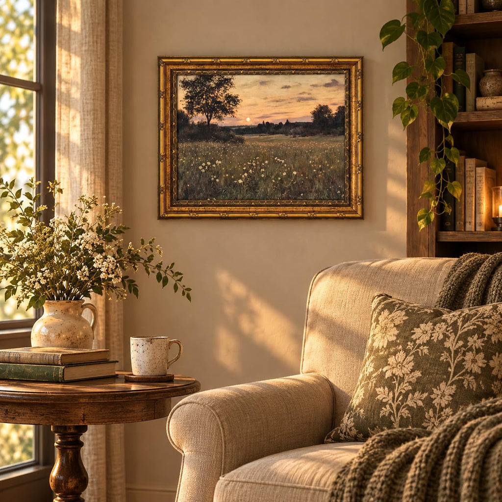 Vintage Gold Framed Rustic Firefly Field Landscape Wall Art 16x24Inch