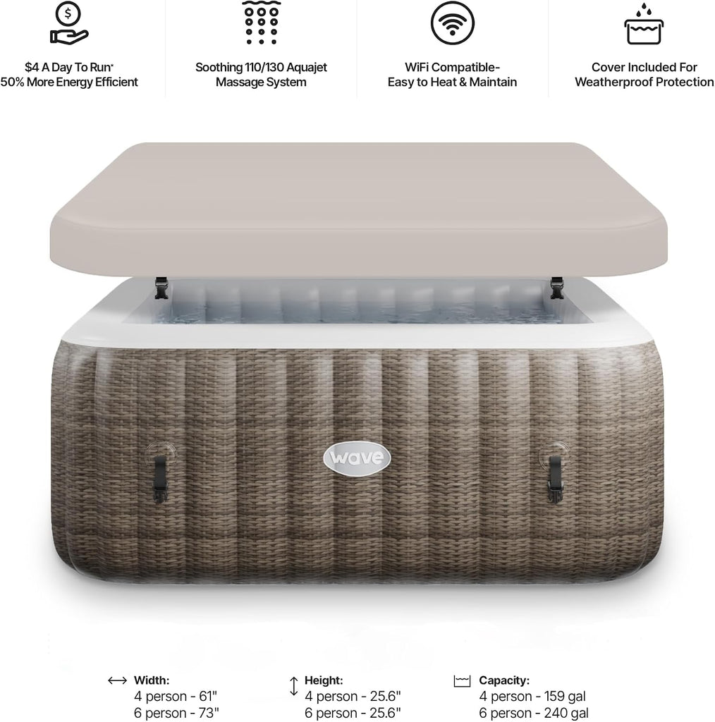 Pacific Inflatable Hot Tub | Square Outdoor Spa | Integrated Eco Heater | 110-130 AquaBubbleTM Massage System |