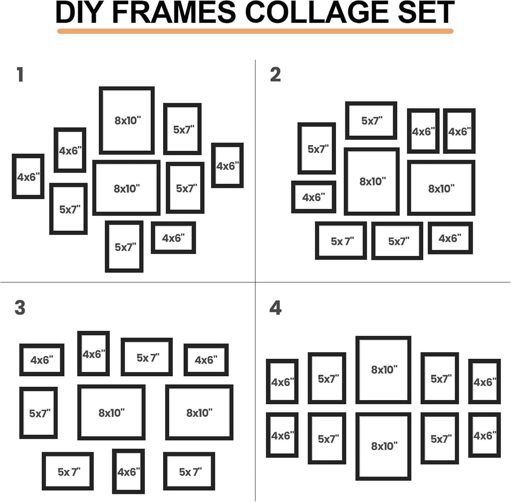 Collage Picture Frames Set of 10, Wall Decor for Mounting or Tabletop Display, Family Photo Gallery Frame Set - Multi