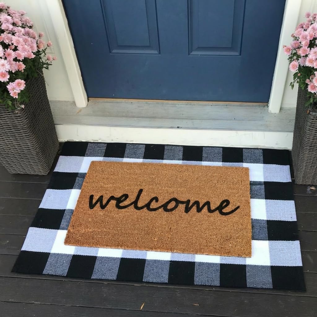 2-Piece Layered Front Doormat Set, Welcome Natural Coco Coir Door Mat + 28"x43" Black and White Buffalo Plaid Rug