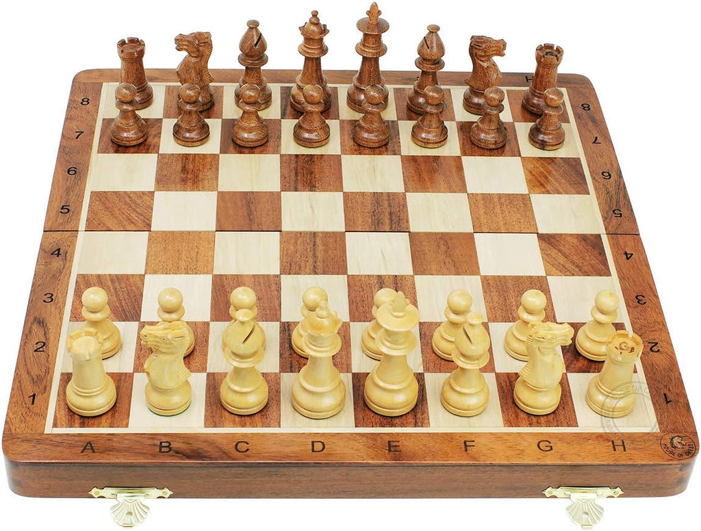Victorian Staunton Golden Acacia Wood Chess Set - 14 x 14 Inches Wooden Folding Chess Board with Algebraic Notation
