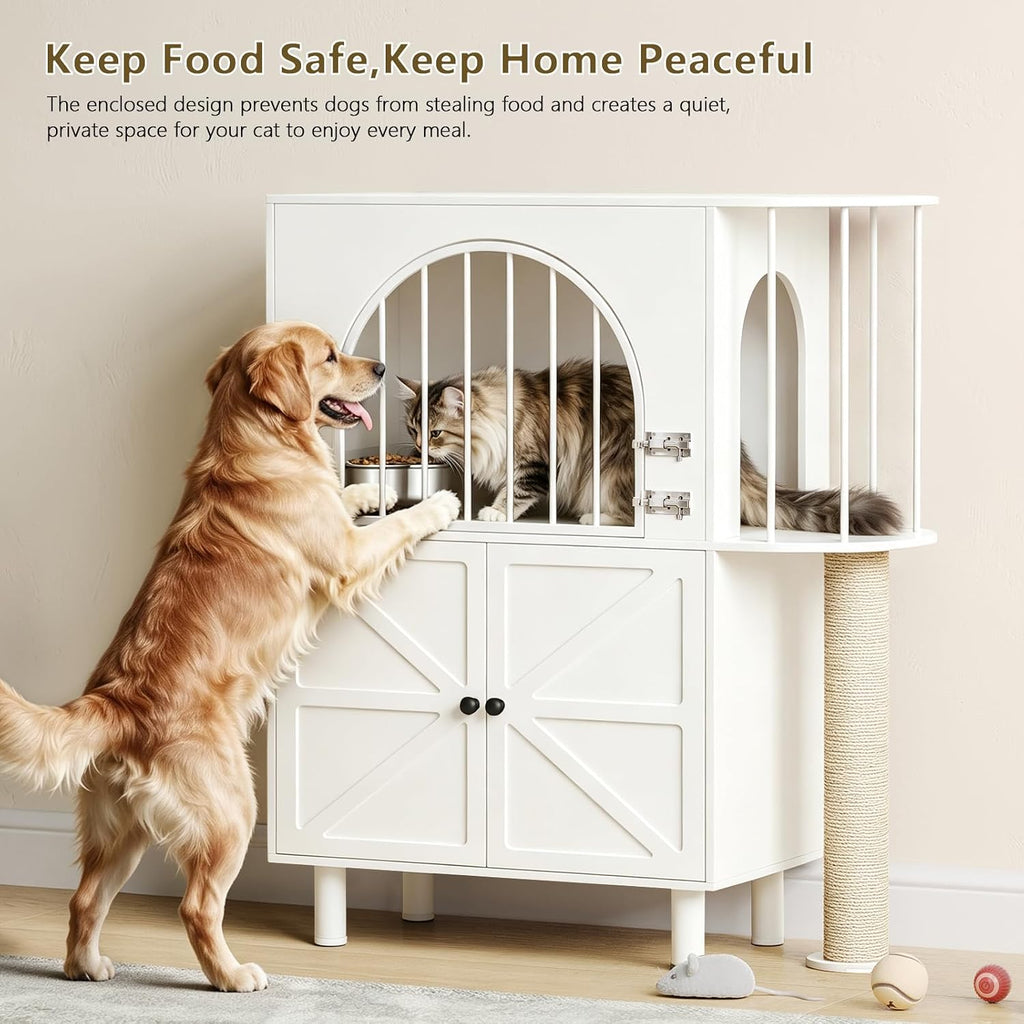 Dog Proof Cat Feeding Station with Scratching Post, Pet Food Storage, White