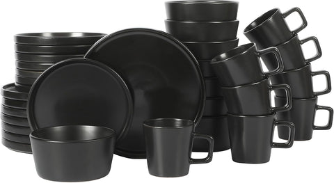 Bowery 32 Piece Matte Black Stoneware Dinnerware Plates, Bowls, and Mugs Set - Service for 8