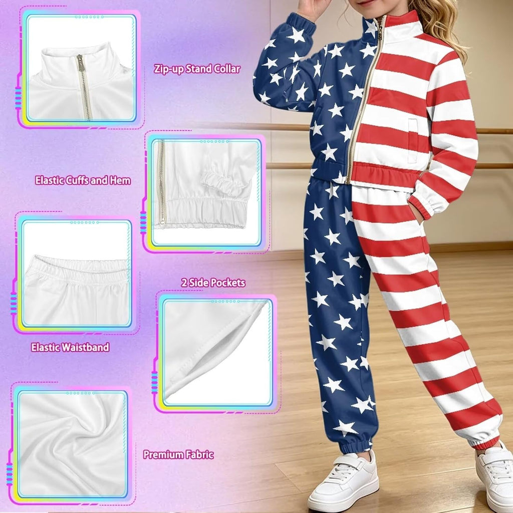 Girls 2 Piece Crop Tracksuit Set Zip Up Jacket & Pants Sweatsuit