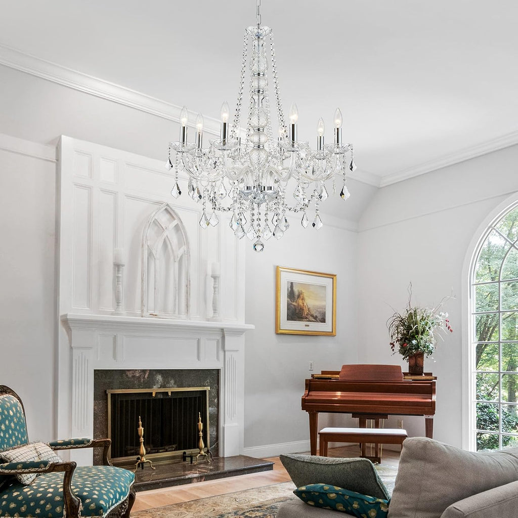 8-Light Chrome Crystal Candle Chandelier - Modern Pendant Ceiling Light, 27.6" W x 35.4" H