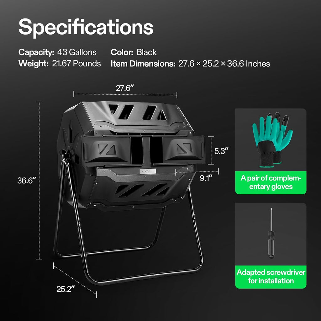 Outdoor Tumbling Composter Dual Rotating Batch Compost Bin, 43 Gallon Black Door