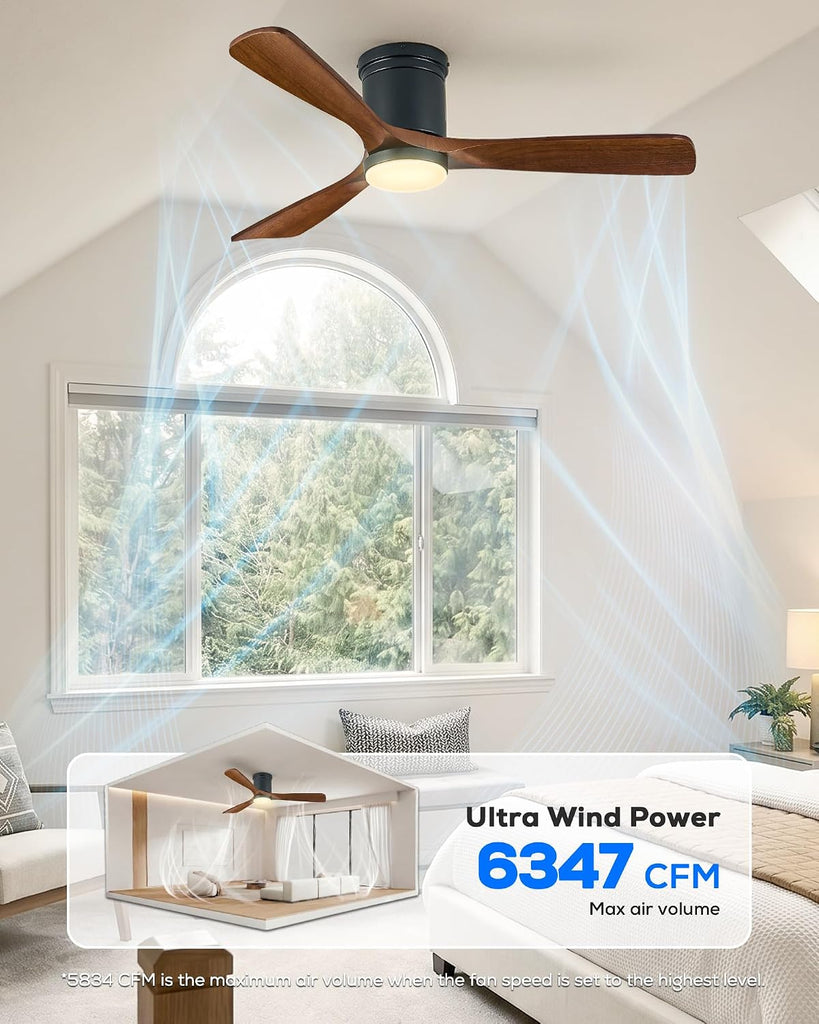 60 Inch Smart Flush Mount Ceiling Fan with Light, Low Profile Ceiling Fan with 3 Solid Wood Walnut Blades, Dimmable LED, Ultra Quiet DC Motor, Alexa & Remote Control, Indoor Outdoor, Walnut