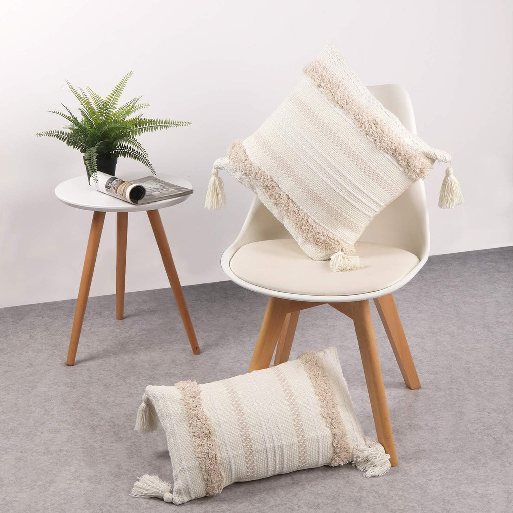 Lumbar Decorative Boho Throw Pillow Cover, 12 x 20 Farmhouse Cute Pillowcase Minimalist Neutral Collection Cream