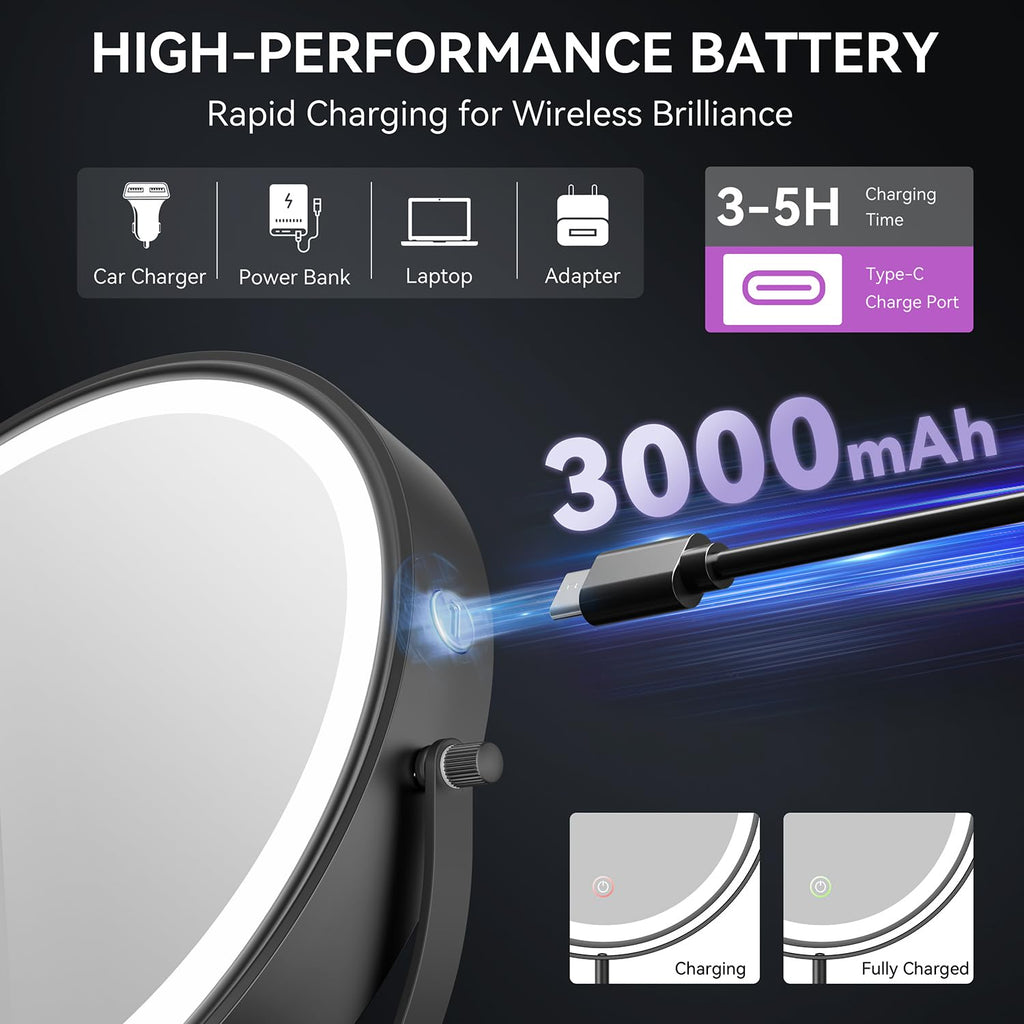 9" 1X/30X Lighted Makeup Mirror, Rechargeable Maginfying Mirror