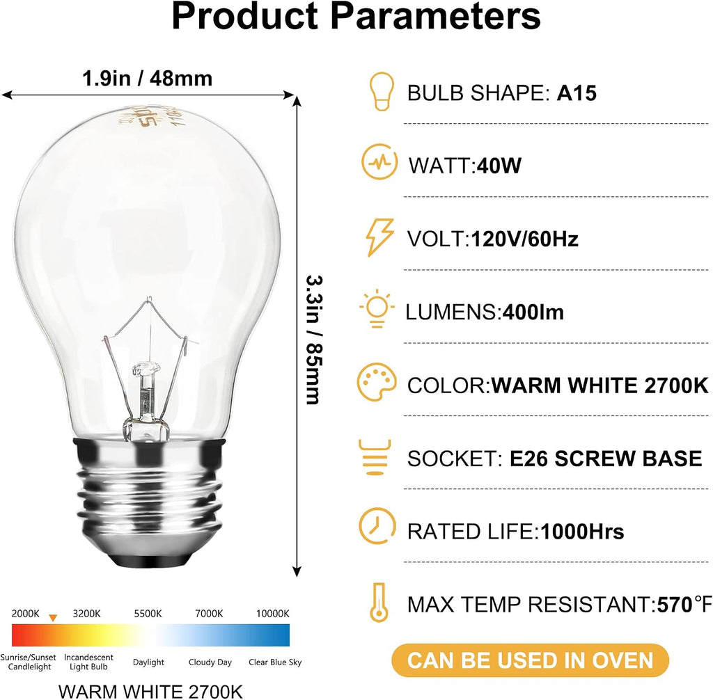 Appliance Oven Light Bulb A15 40W High Temperature 500 Degrees Resistant for Refrigerator Over Stove Microwave Range