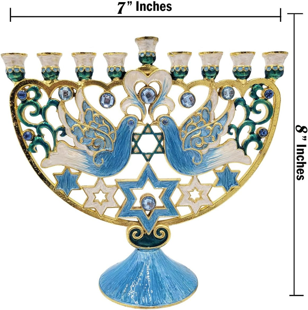 Hanukkah Large 12-Inch Tall Hand Painted Enamel, Star of David Magen David & Blue Bird Design, Hand-Painted Enameled